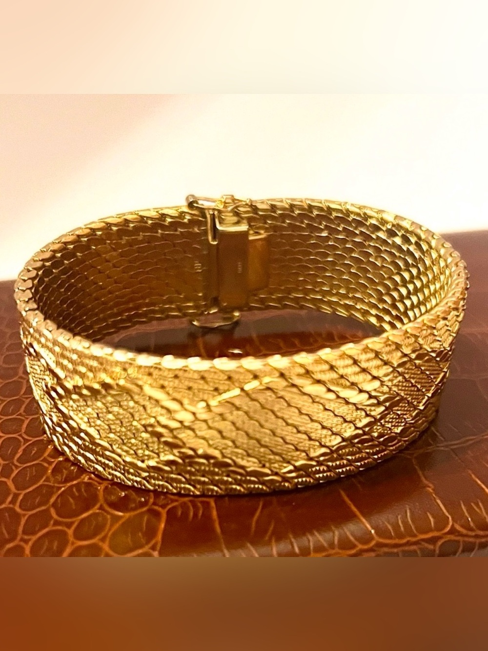 18k Gold Plated Mesh Diamond Pattern Hinged Bracelet Made In Italy, 7.25”L x 1”W